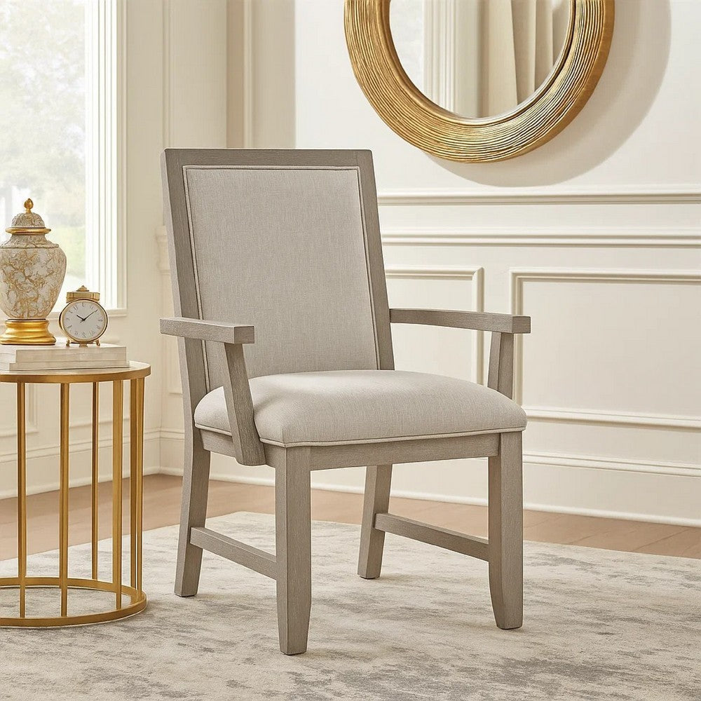 Benjara Ion Dining Armchair Set of 2, Padded Polyester Seat, Mist Gray Wood