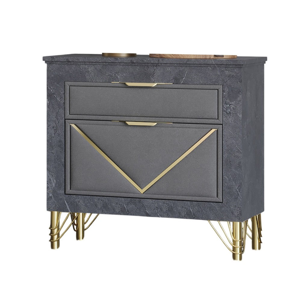 Benjara Semy Nightstand, 2 Gold Accented Drawers, Gray Marble Laminate