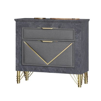 Benjara Semy Nightstand, 2 Gold Accented Drawers, Gray Marble Laminate
