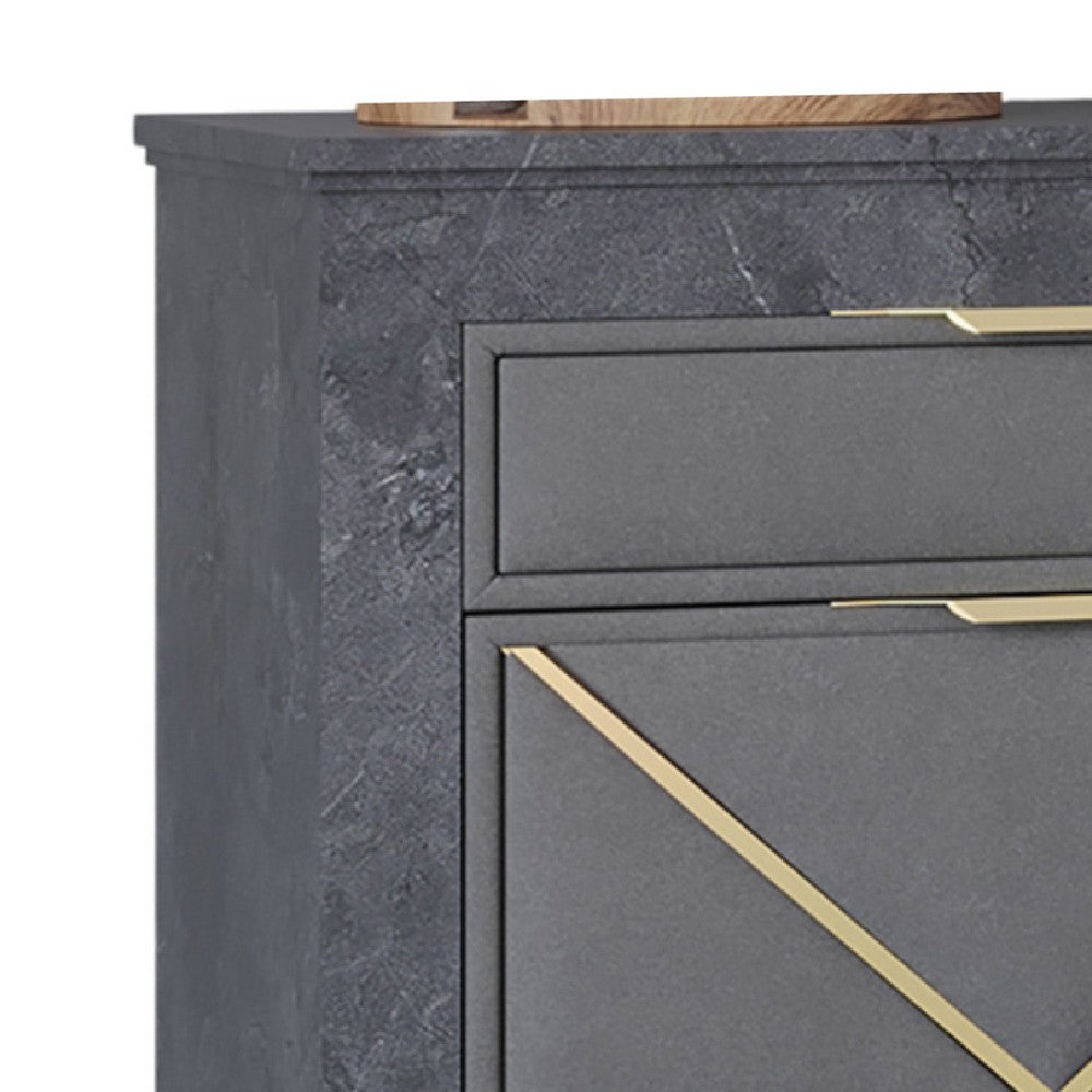 Benjara Semy Nightstand, 2 Gold Accented Drawers, Gray Marble Laminate