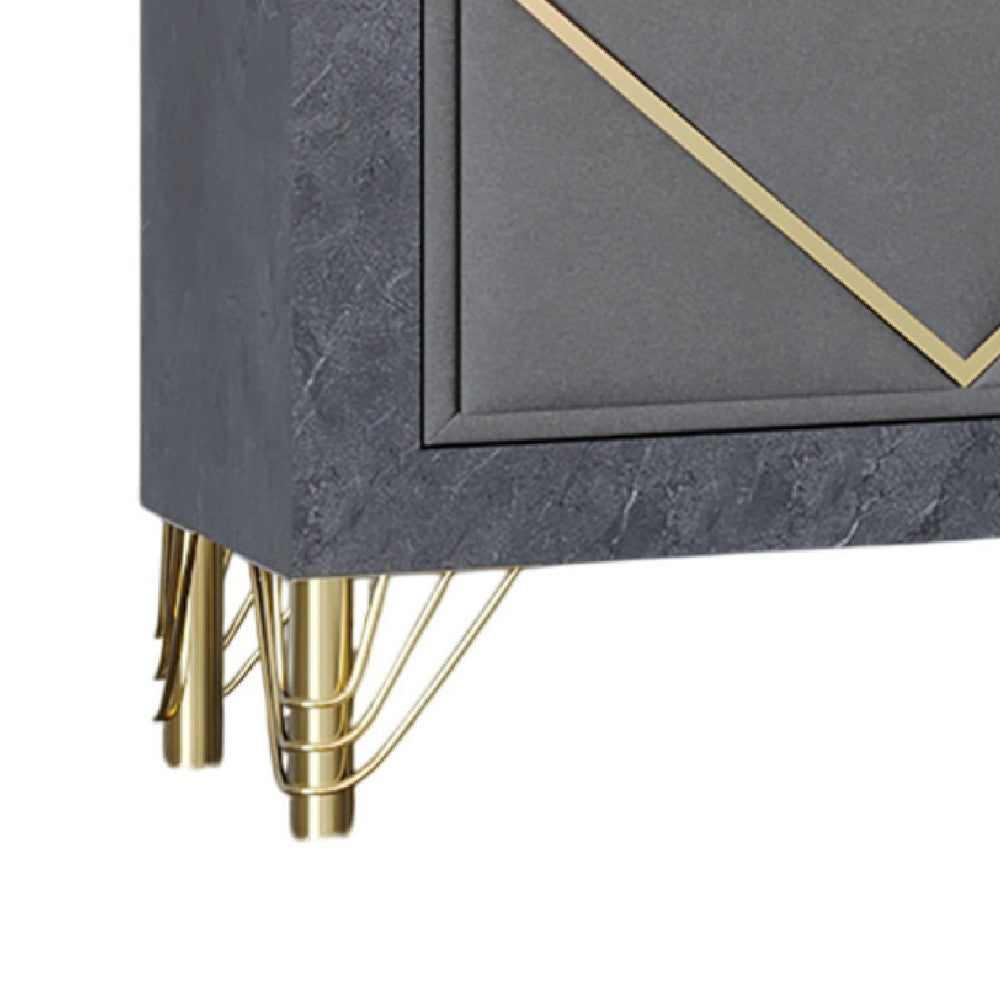 Benjara Semy Nightstand, 2 Gold Accented Drawers, Gray Marble Laminate