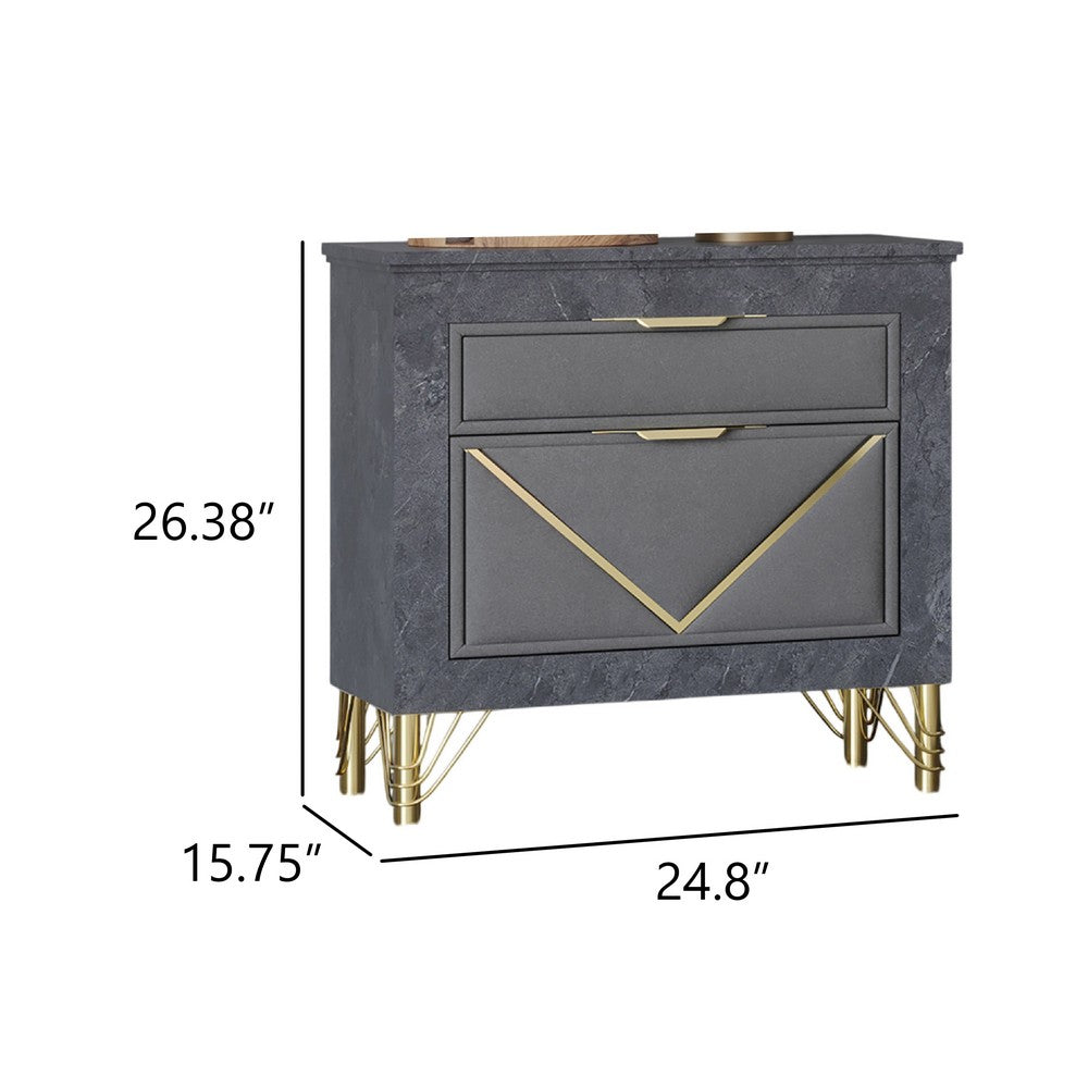 Benjara Semy Nightstand, 2 Gold Accented Drawers, Gray Marble Laminate