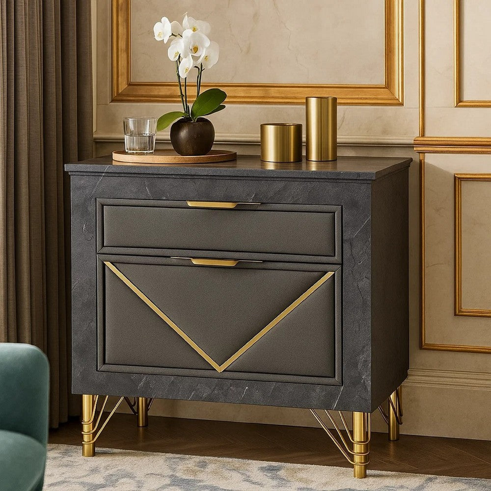 Benjara Semy Nightstand, 2 Gold Accented Drawers, Gray Marble Laminate