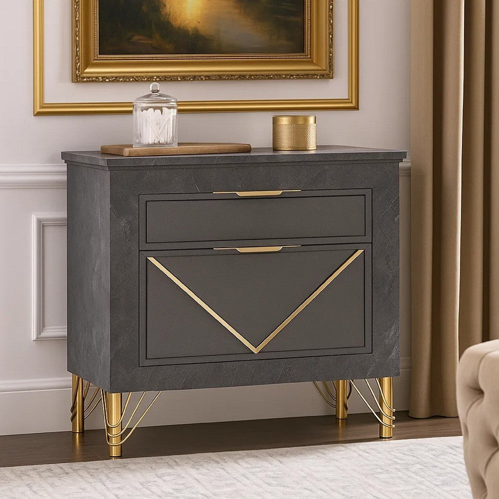 Benjara Semy Nightstand, 2 Gold Accented Drawers, Gray Marble Laminate
