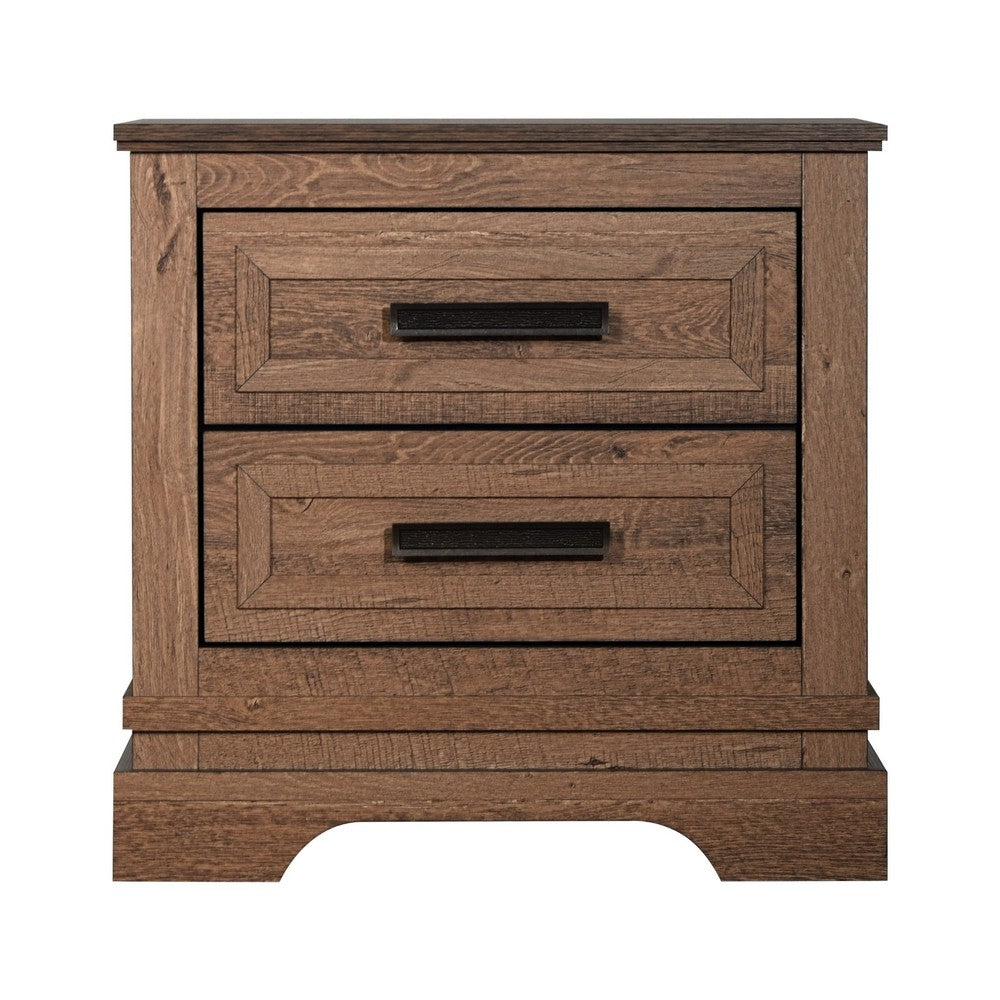 Benjara Covy Nightstand, 2 Drawers w Bar Handles, Bracket Feet, Natural Brown