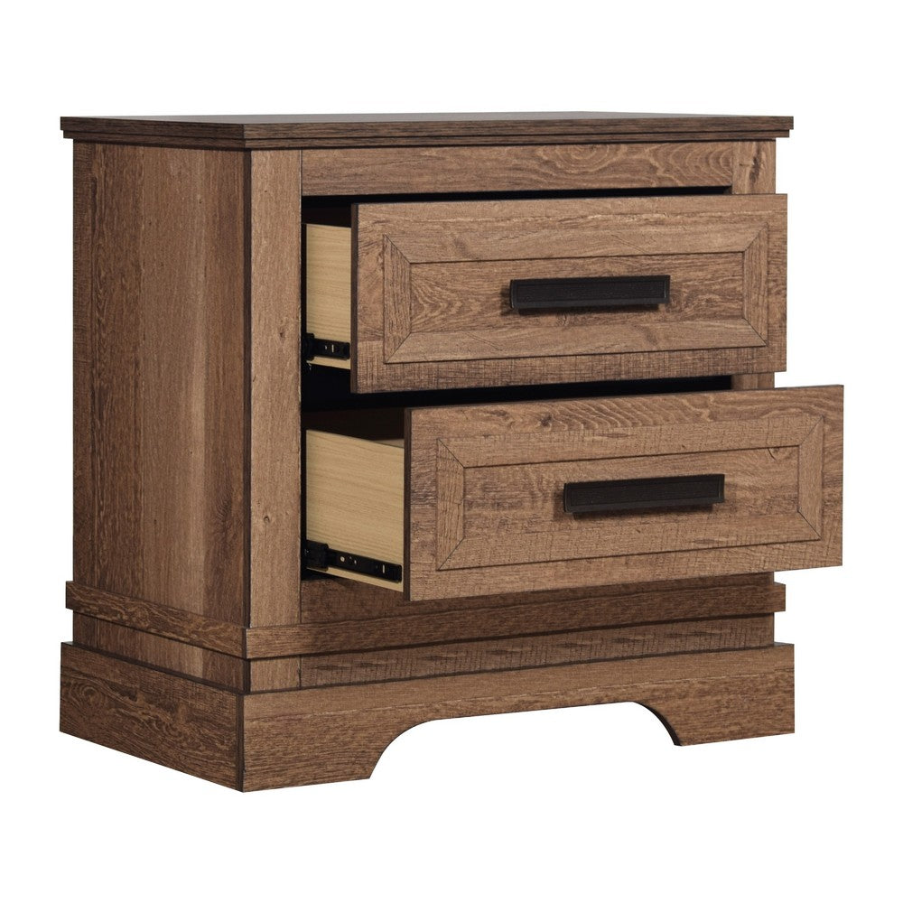 Benjara Covy Nightstand, 2 Drawers w Bar Handles, Bracket Feet, Natural Brown