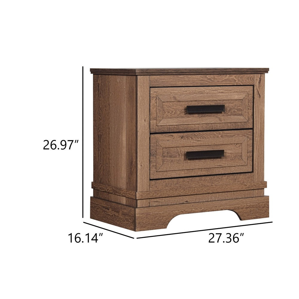 Benjara Covy Nightstand, 2 Drawers w Bar Handles, Bracket Feet, Natural Brown