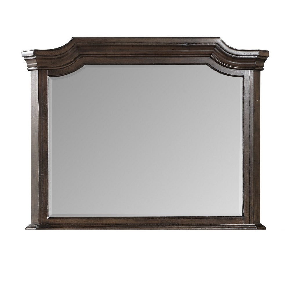 Benjara Lynda Dresser Mirror, 44 Inch Low Distortion, Walnut Brown Crown Molding