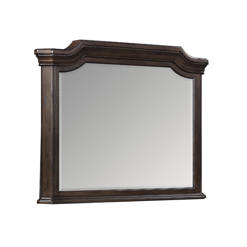 Benjara Lynda Dresser Mirror, 44 Inch Low Distortion, Walnut Brown Crown Molding