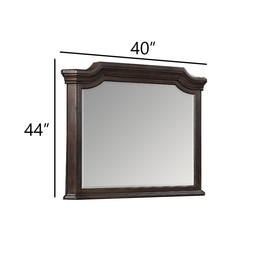 Benjara Lynda Dresser Mirror, 44 Inch Low Distortion, Walnut Brown Crown Molding