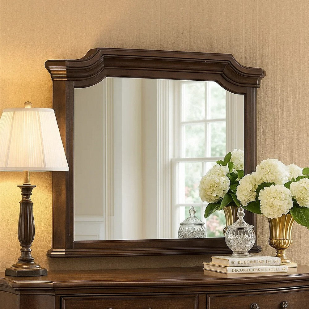 Benjara Lynda Dresser Mirror, 44 Inch Low Distortion, Walnut Brown Crown Molding