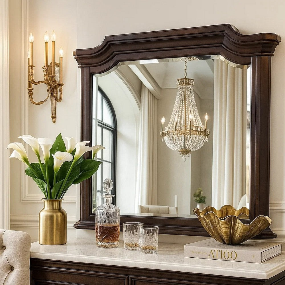 Benjara Lynda Dresser Mirror, 44 Inch Low Distortion, Walnut Brown Crown Molding