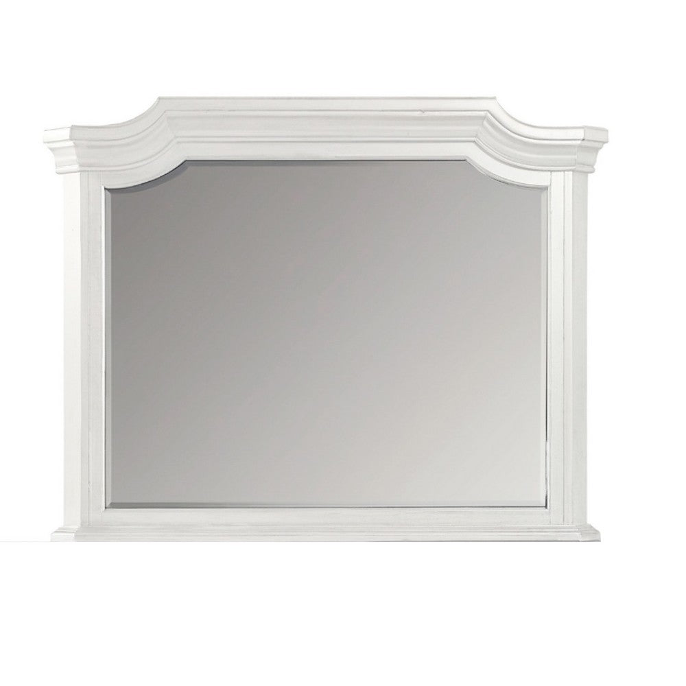 Benjara Lynda Dresser Mirror, 44 Inch Low Distortion, Antique White Crown Molding