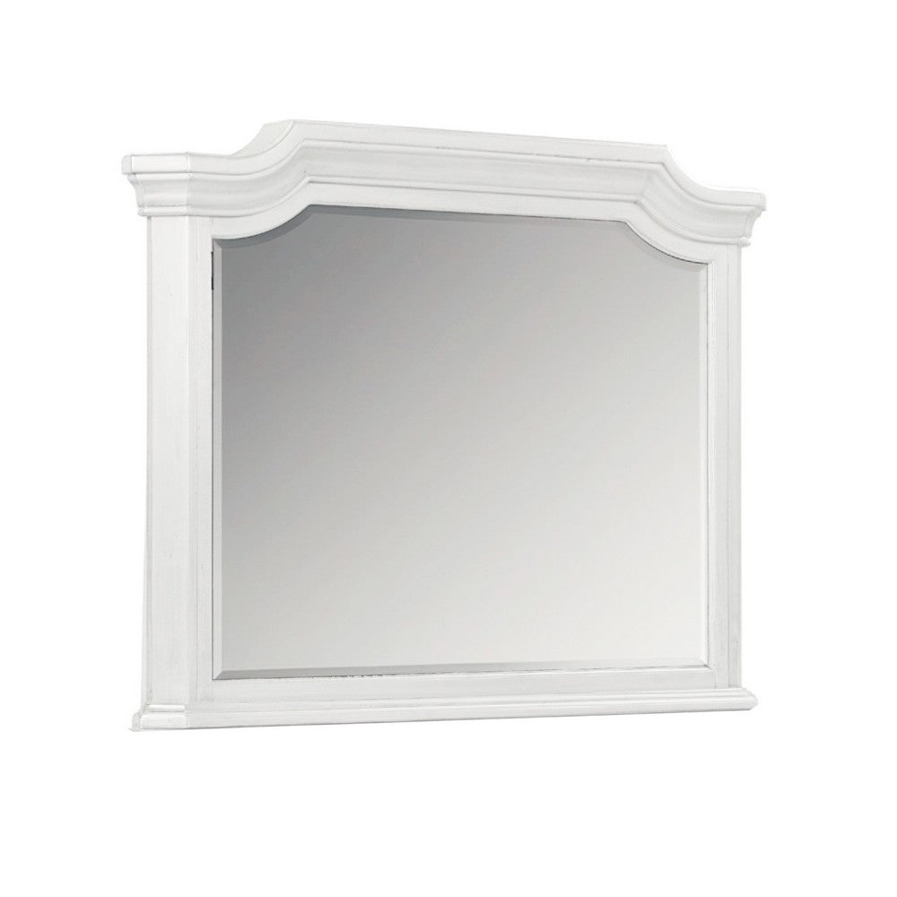Benjara Lynda Dresser Mirror, 44 Inch Low Distortion, Antique White Crown Molding