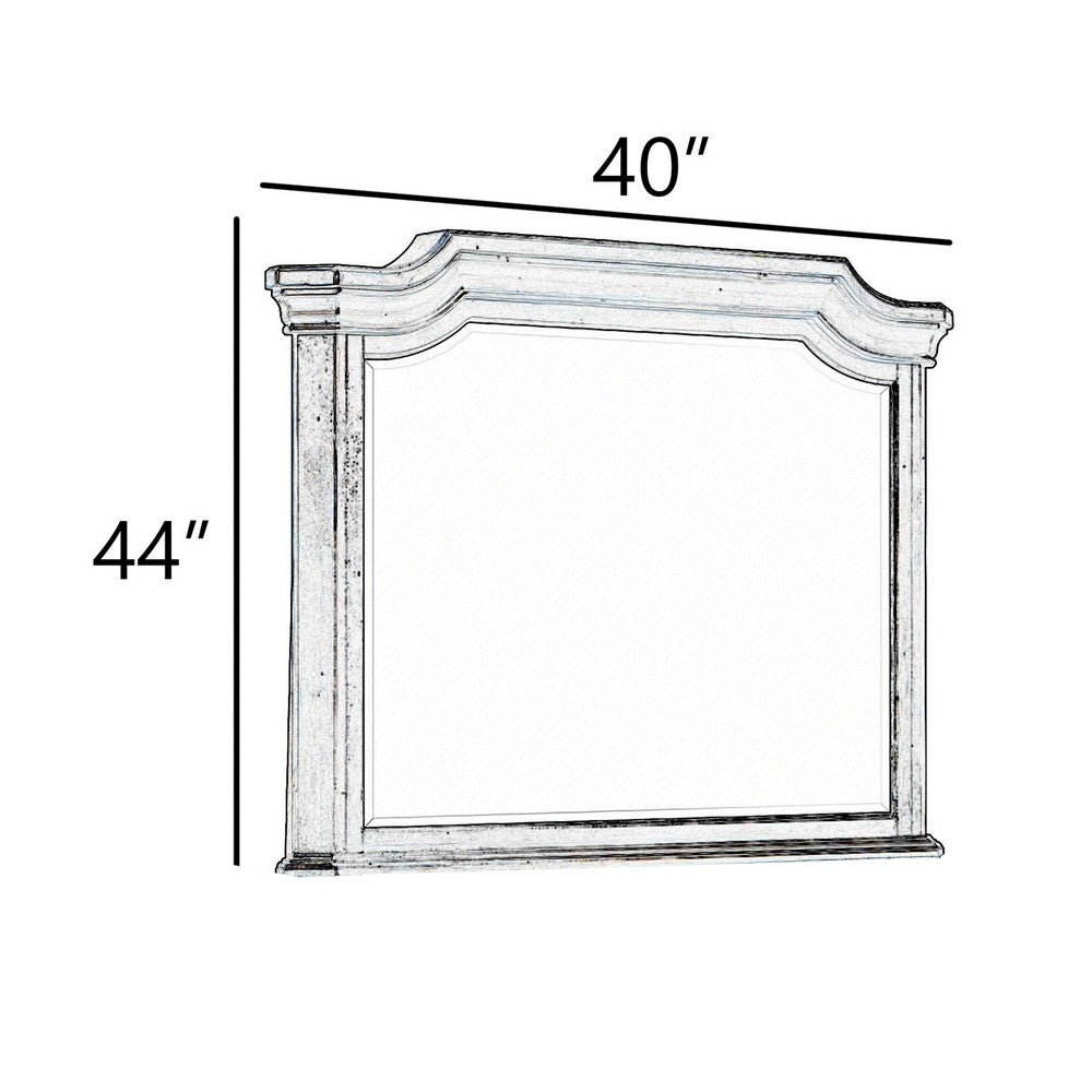 Benjara Lynda Dresser Mirror, 44 Inch Low Distortion, Antique White Crown Molding
