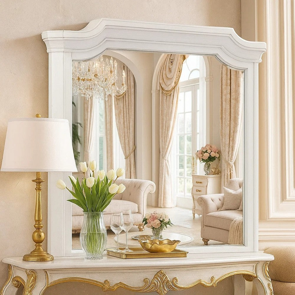 Benjara Lynda Dresser Mirror, 44 Inch Low Distortion, Antique White Crown Molding