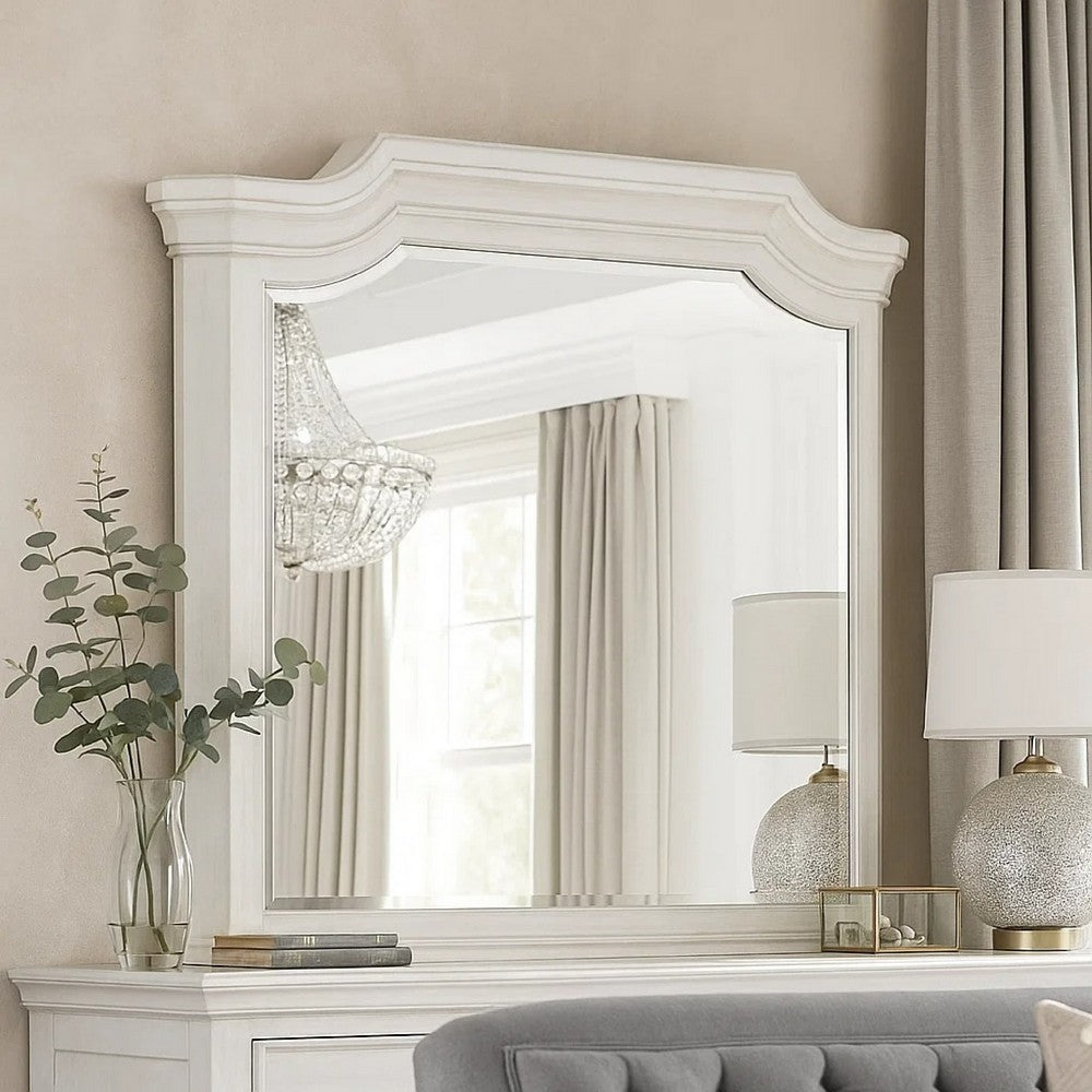 Benjara Lynda Dresser Mirror, 44 Inch Low Distortion, Antique White Crown Molding