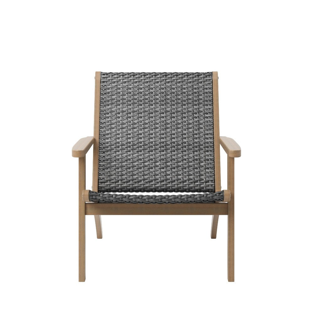 Benjara Rady Patio Side Armchair Set of 2, Gray Wicker, Brown Solid Wood