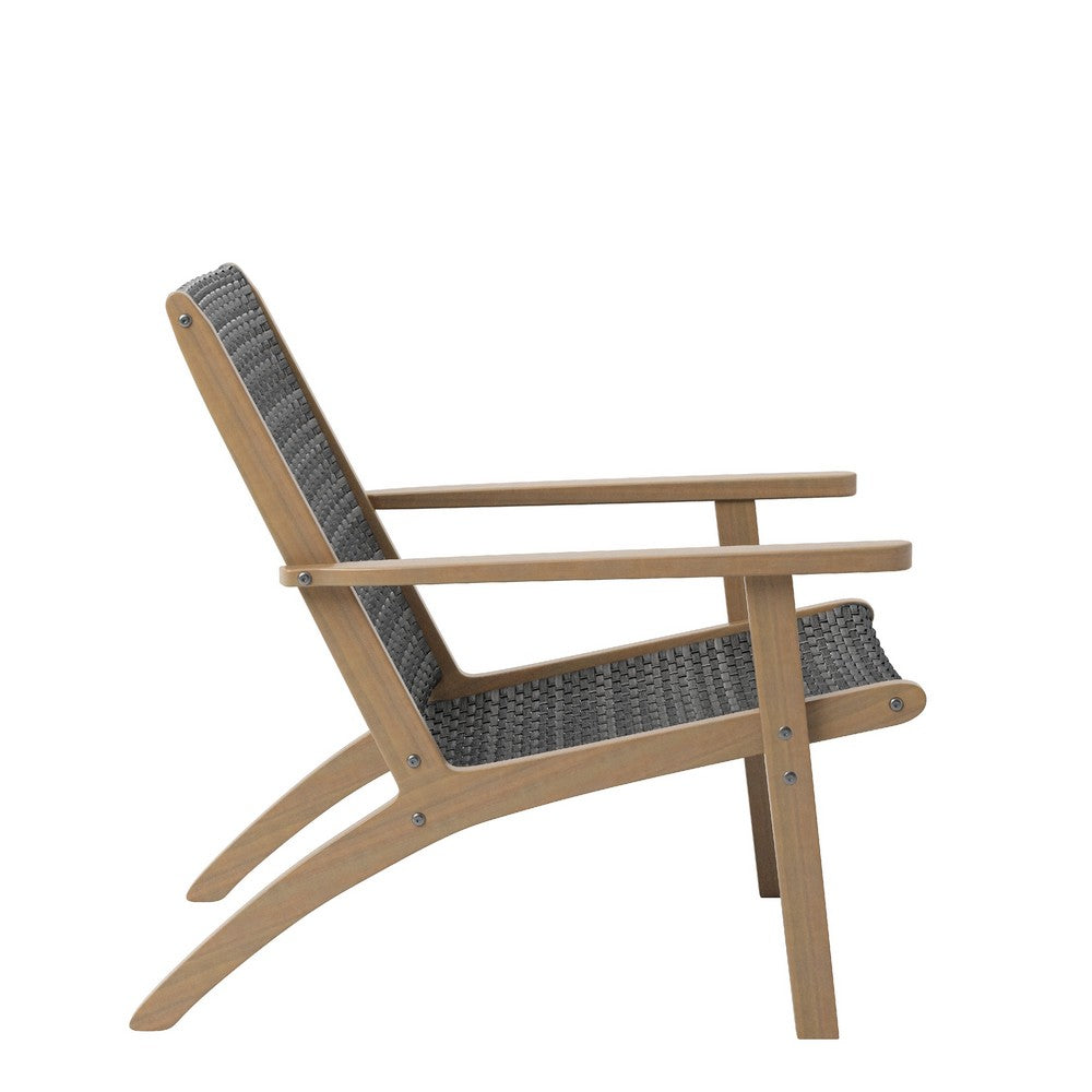 Benjara Rady Patio Side Armchair Set of 2, Gray Wicker, Brown Solid Wood