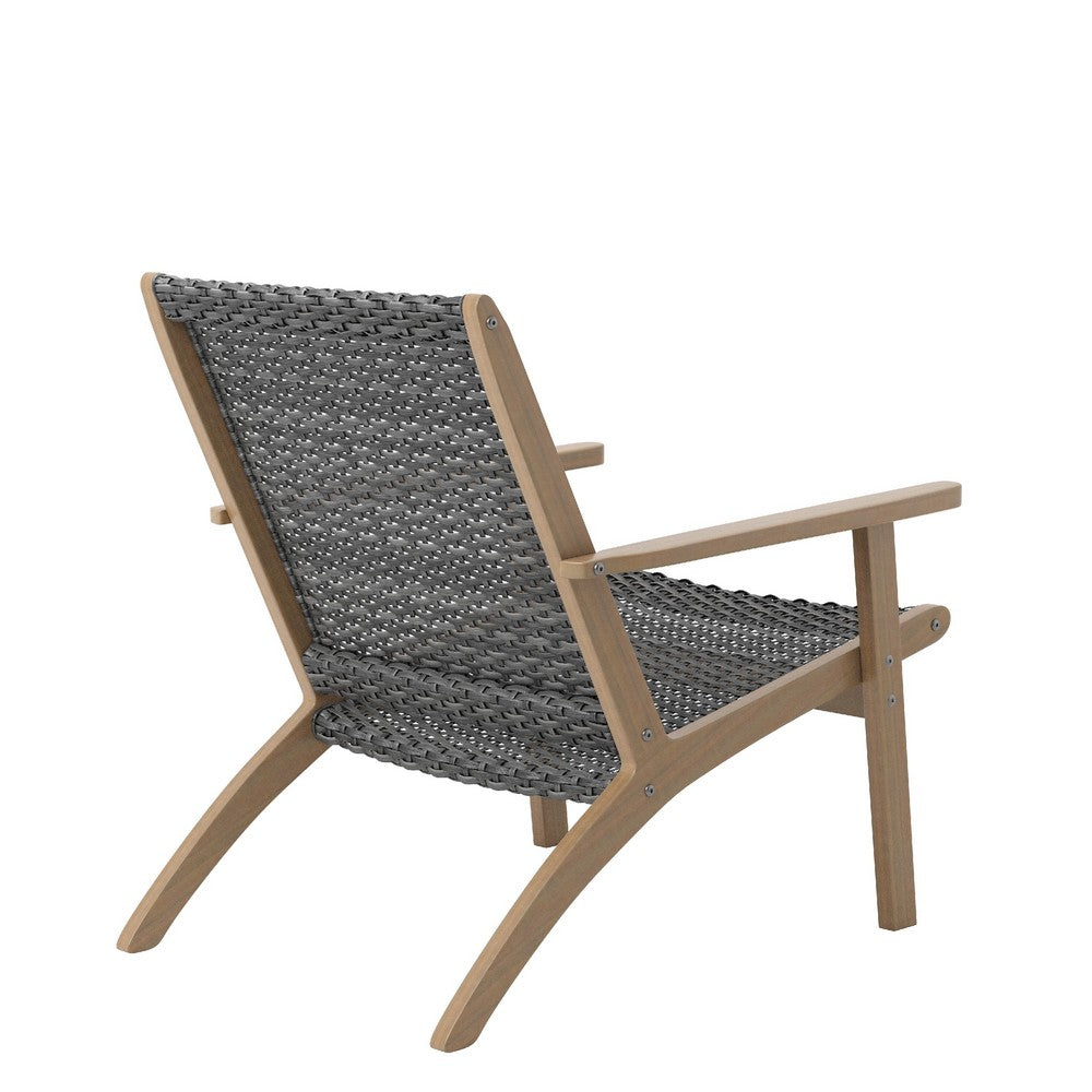 Benjara Rady Patio Side Armchair Set of 2, Gray Wicker, Brown Solid Wood