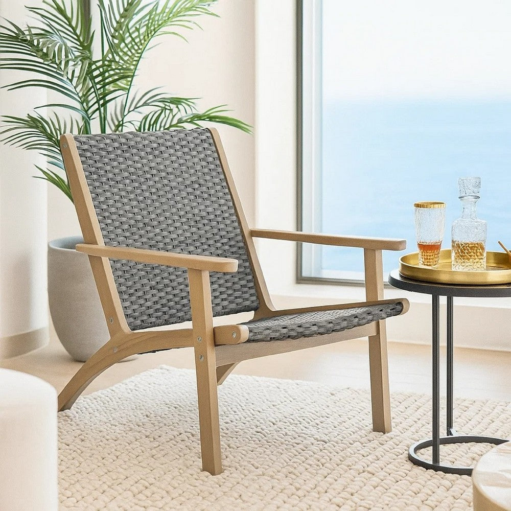 Benjara Rady Patio Side Armchair Set of 2, Gray Wicker, Brown Solid Wood