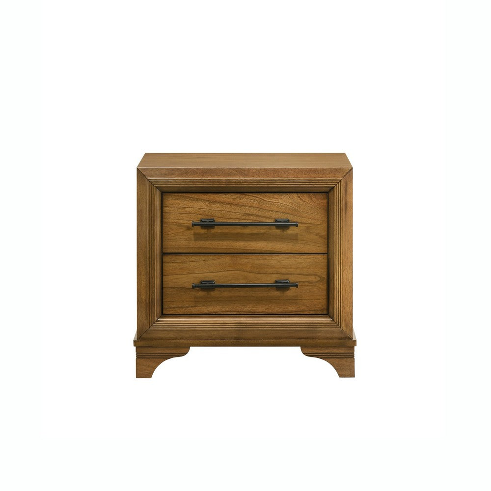 Benjara Tey Nightstand, 2 Drawers w Long Black Handles, Honey Brown