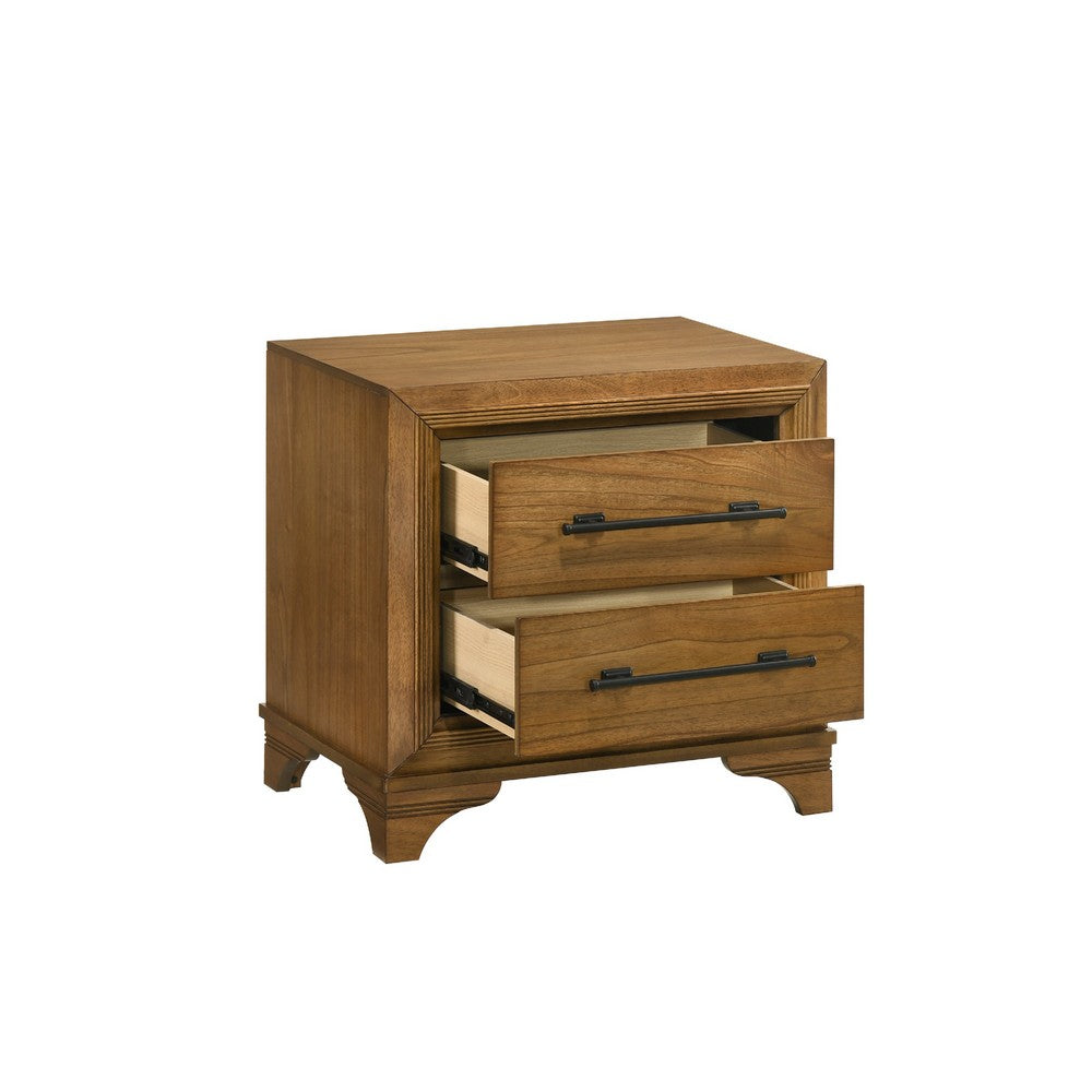 Benjara Tey Nightstand, 2 Drawers w Long Black Handles, Honey Brown