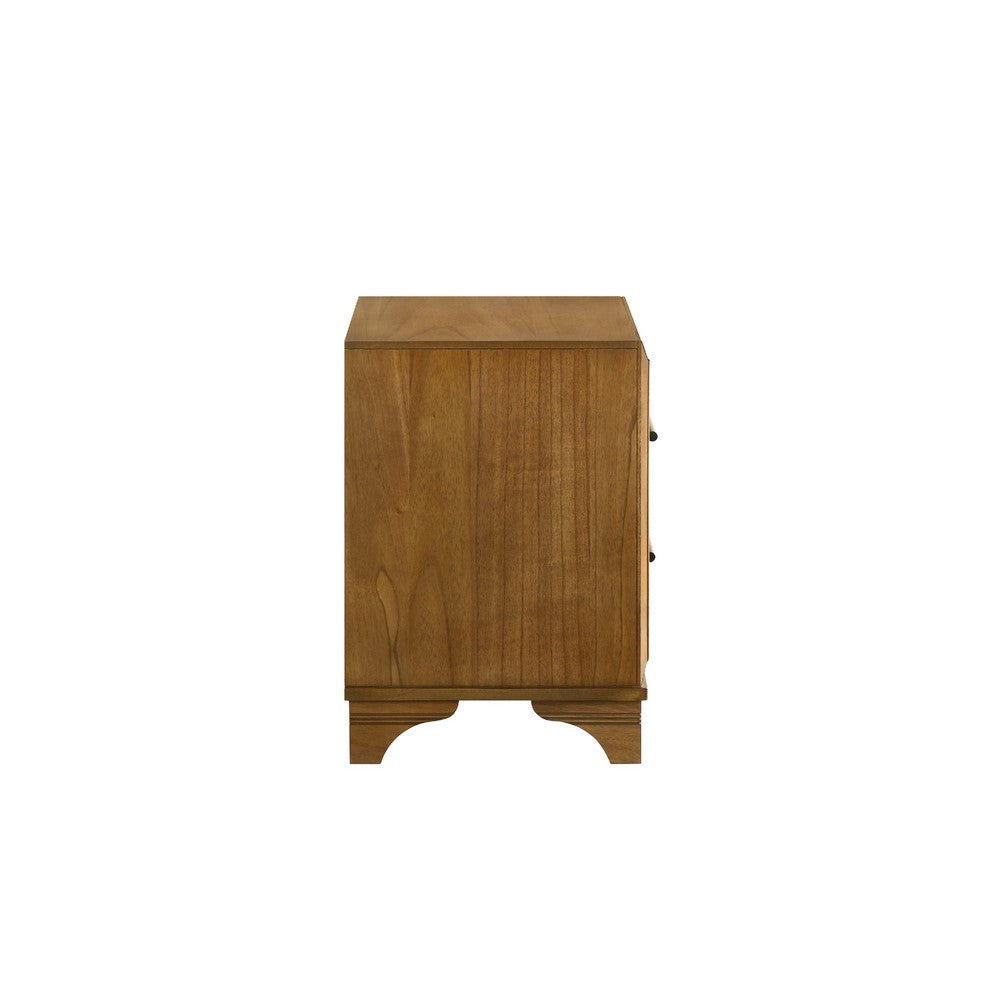 Benjara Tey Nightstand, 2 Drawers w Long Black Handles, Honey Brown