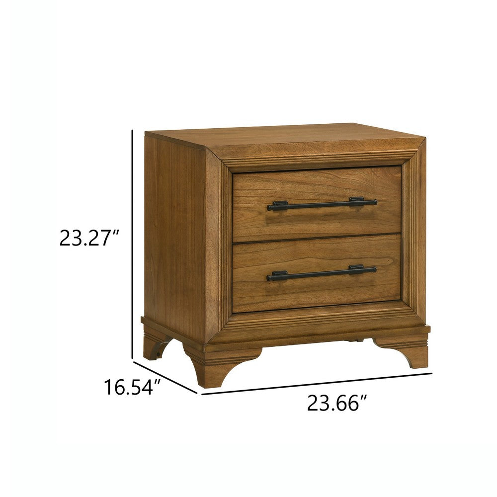 Benjara Tey Nightstand, 2 Drawers w Long Black Handles, Honey Brown