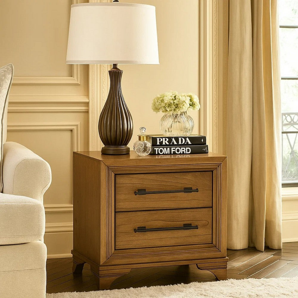 Benjara Tey Nightstand, 2 Drawers w Long Black Handles, Honey Brown