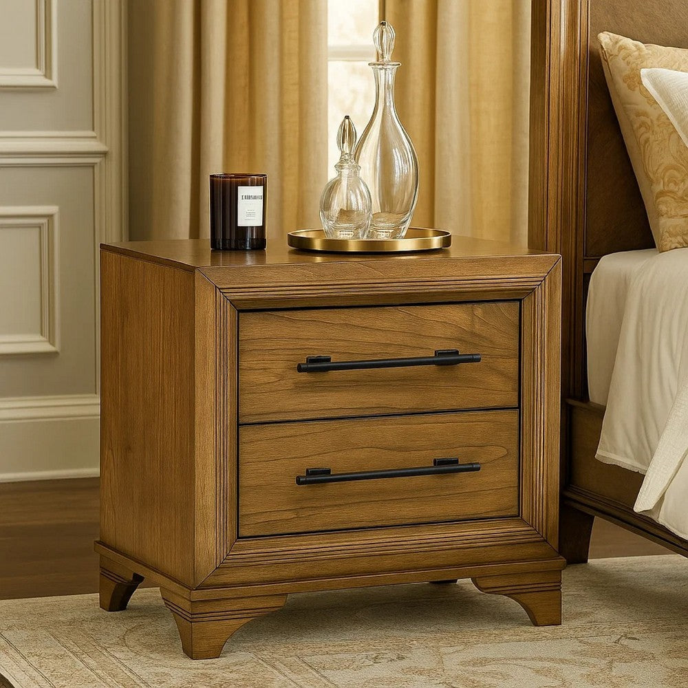 Benjara Tey Nightstand, 2 Drawers w Long Black Handles, Honey Brown