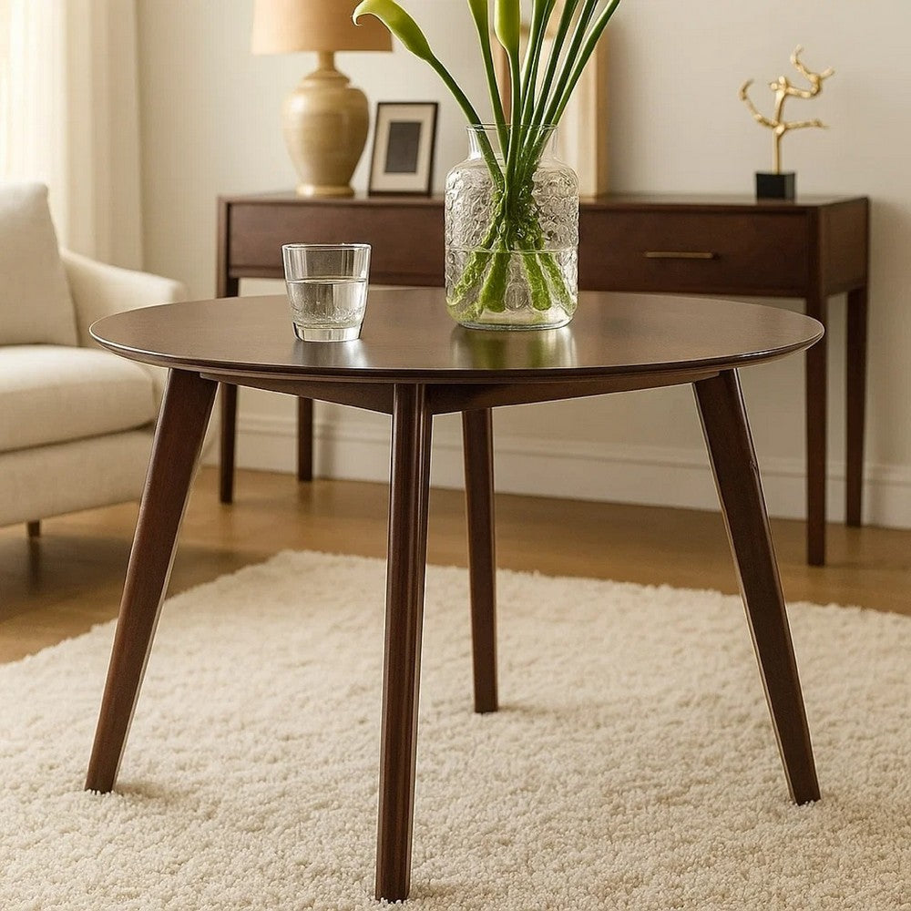 Benjara Tery Dining Table, 47 Inch Round Top, Angled Legs, Cherry Brown Wood