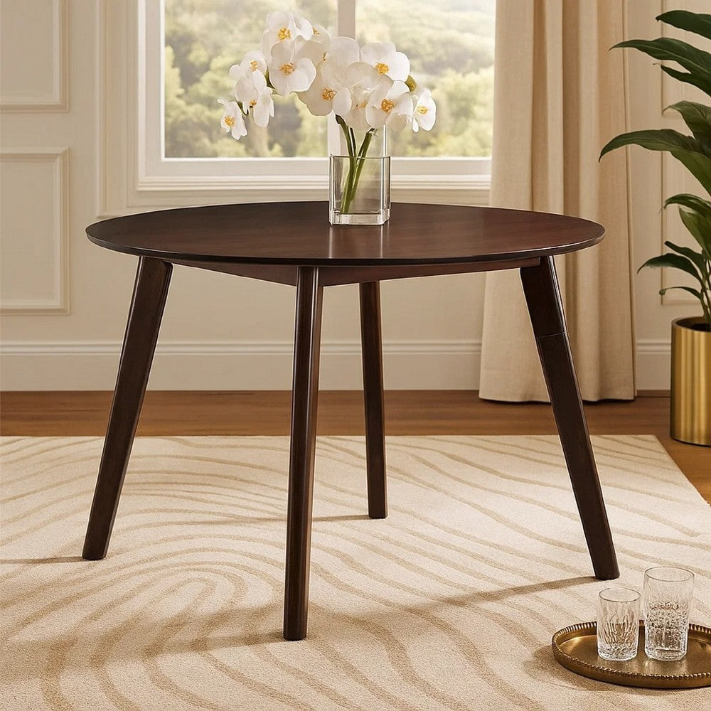 Benjara Tery Dining Table, 47 Inch Round Top, Angled Legs, Cherry Brown Wood