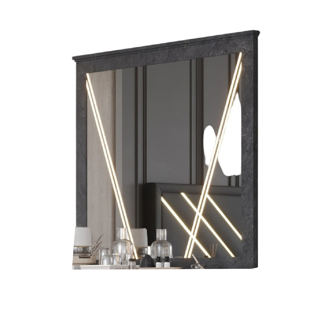 Benjara Semy Dresser Mirror, 40 Inch Lighted Gray Marble Frame, Low Distortion