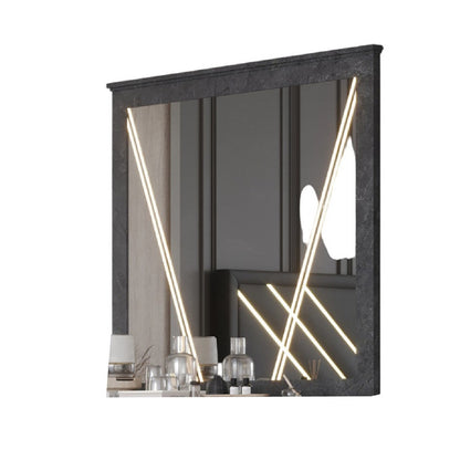 Benjara Semy Dresser Mirror, 40 Inch Lighted Gray Marble Frame, Low Distortion