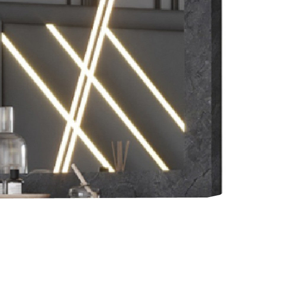 Benjara Semy Dresser Mirror, 40 Inch Lighted Gray Marble Frame, Low Distortion