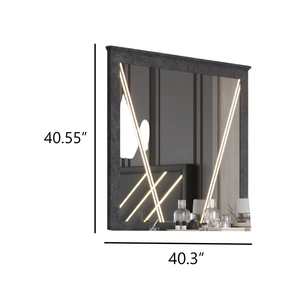 Benjara Semy Dresser Mirror, 40 Inch Lighted Gray Marble Frame, Low Distortion