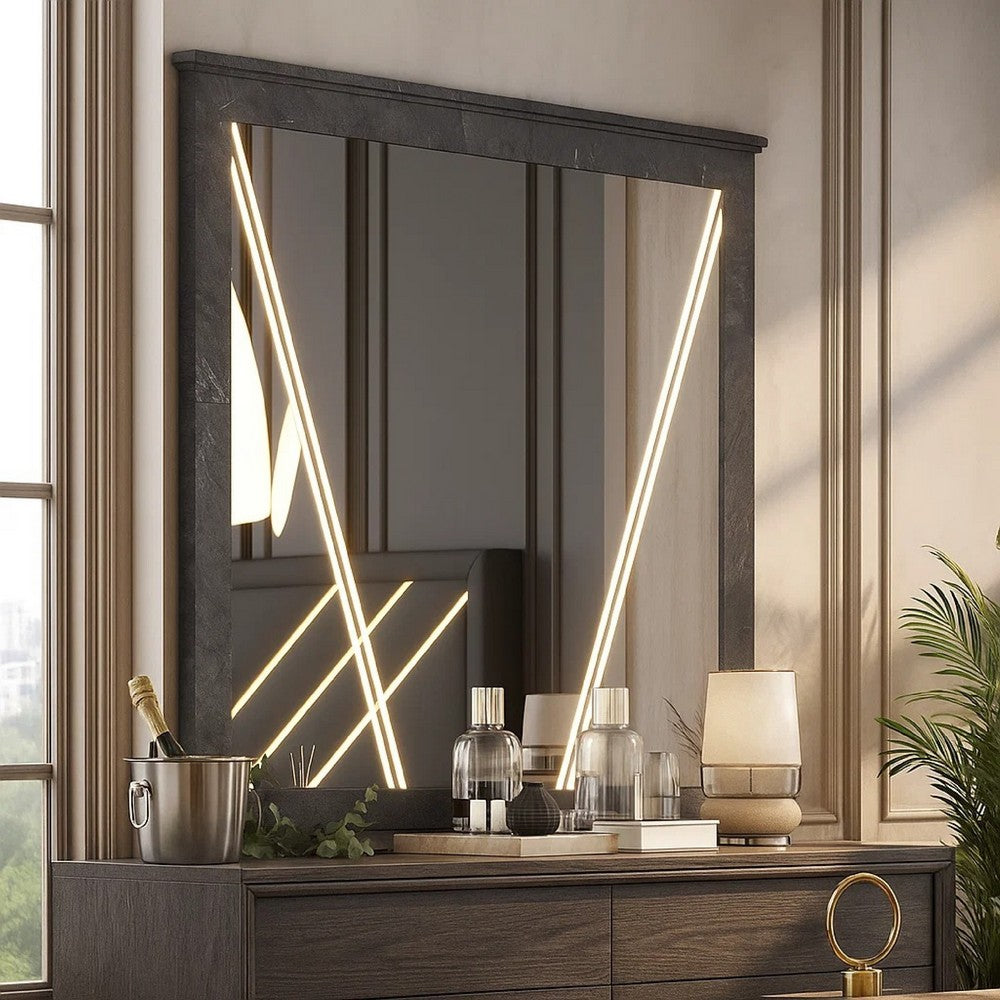 Benjara Semy Dresser Mirror, 40 Inch Lighted Gray Marble Frame, Low Distortion