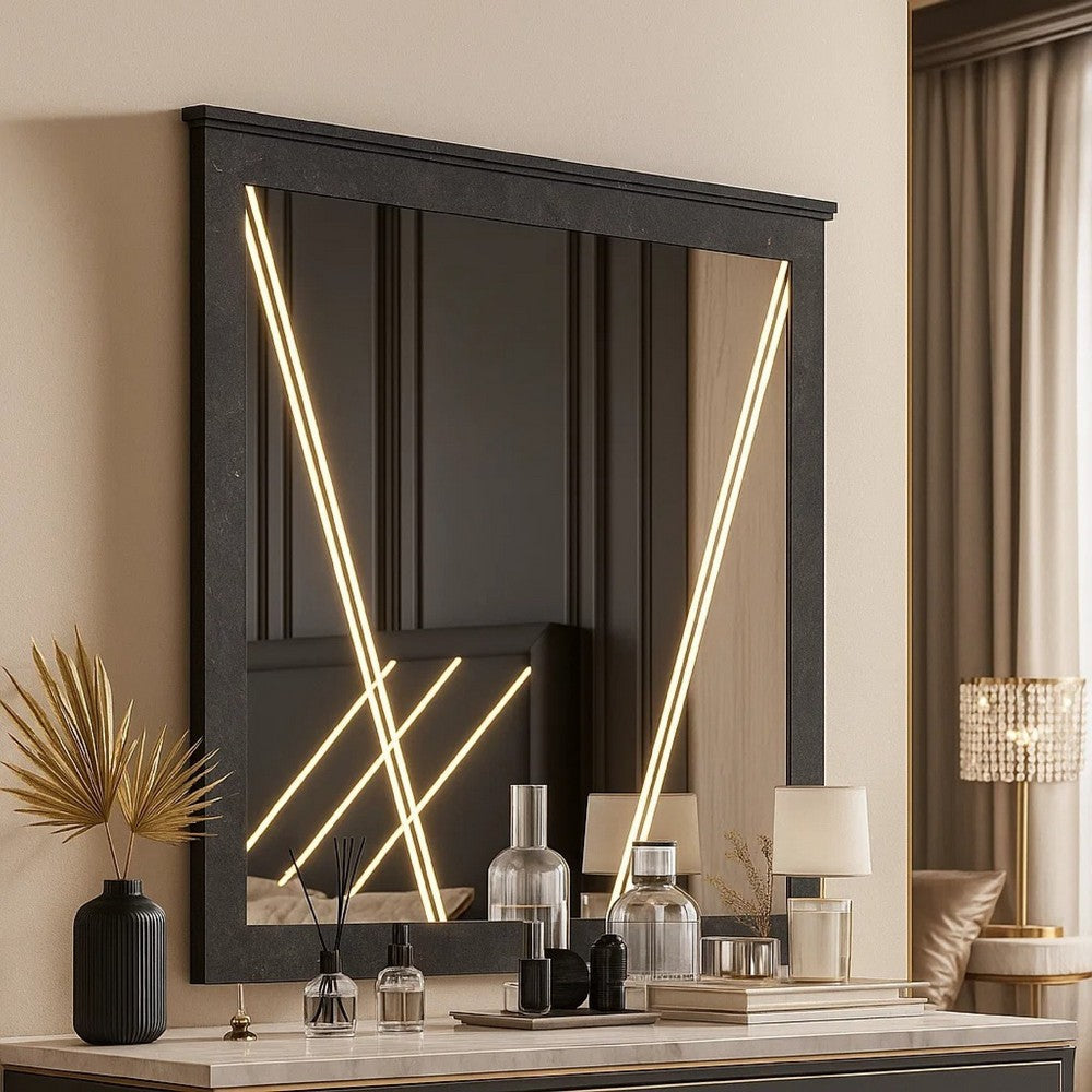 Benjara Semy Dresser Mirror, 40 Inch Lighted Gray Marble Frame, Low Distortion