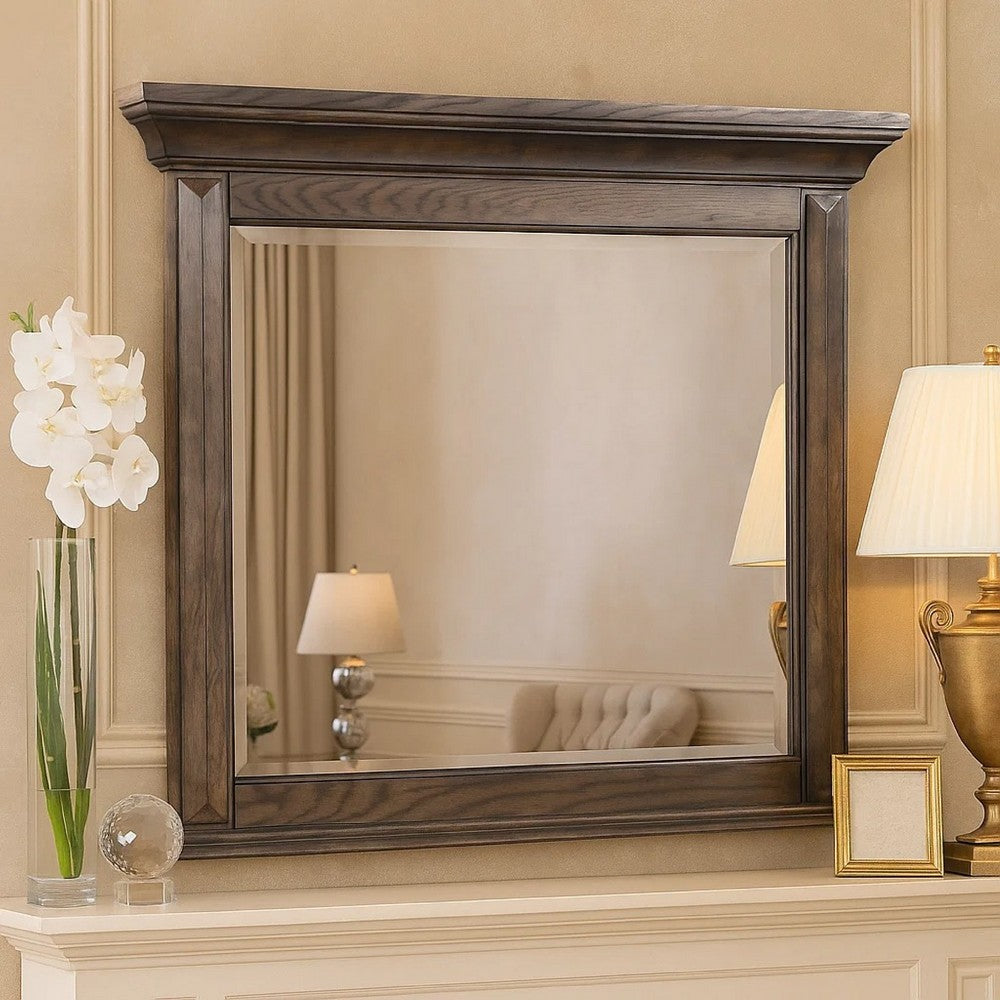 Benjara Vesy Dresser Mirror, 48 Inch, Low Distortion Glass, Walnut Brown Wood