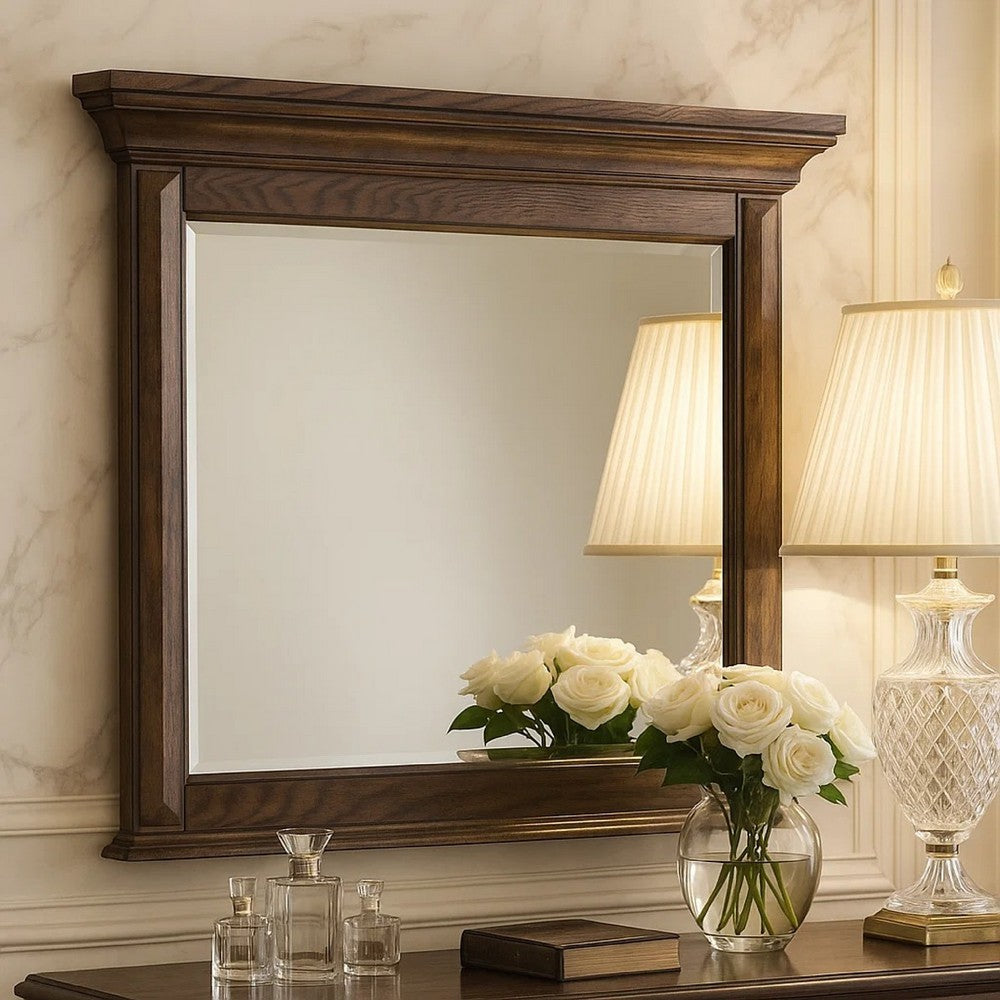 Benjara Vesy Dresser Mirror, 48 Inch, Low Distortion Glass, Walnut Brown Wood