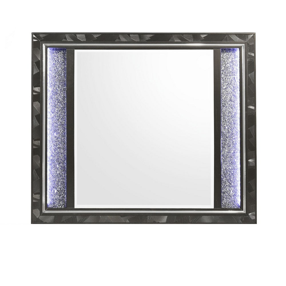 Benjara Ren Dresser Mirror, 45 Inch, Crushed Crystal Look Black Laminate, LED