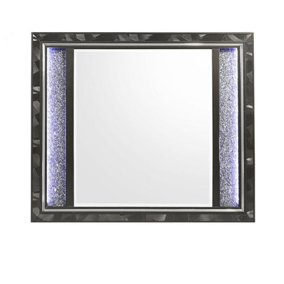 Benjara Ren Dresser Mirror, 45 Inch, Crushed Crystal Look Black Laminate, LED