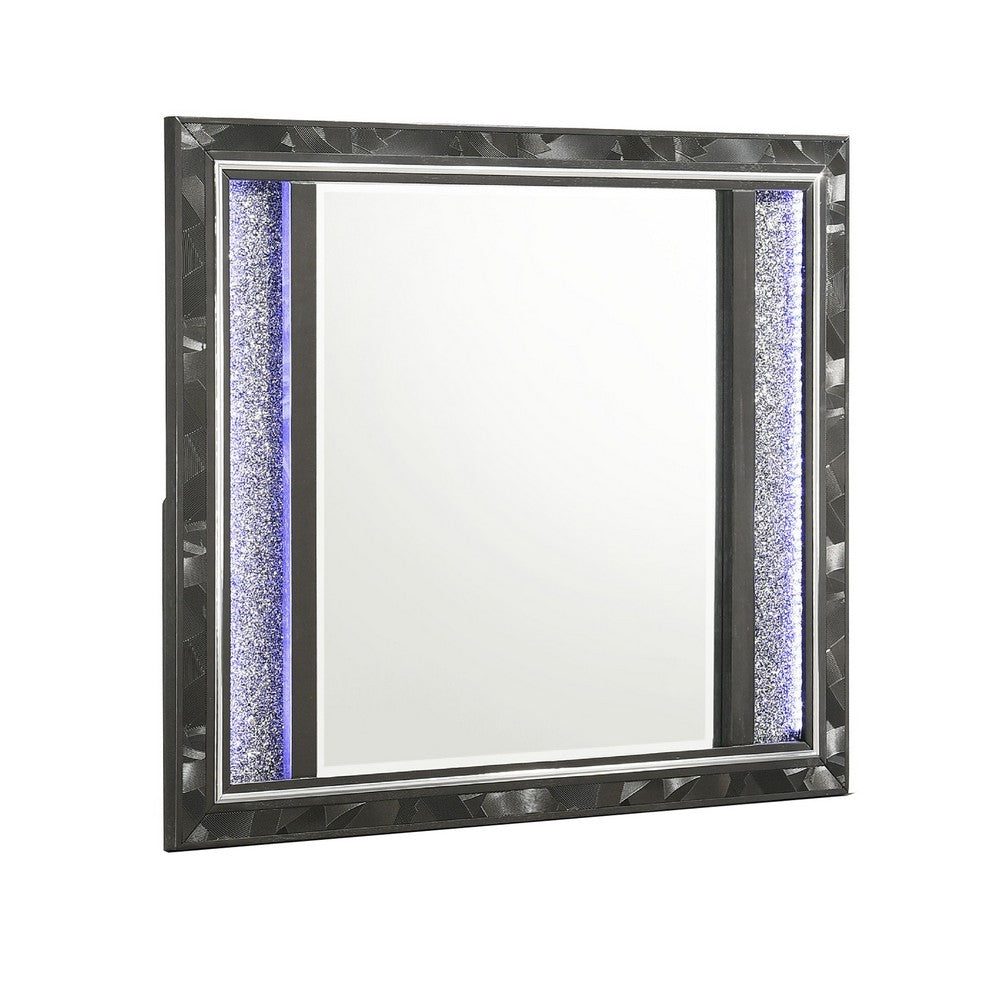 Benjara Ren Dresser Mirror, 45 Inch, Crushed Crystal Look Black Laminate, LED