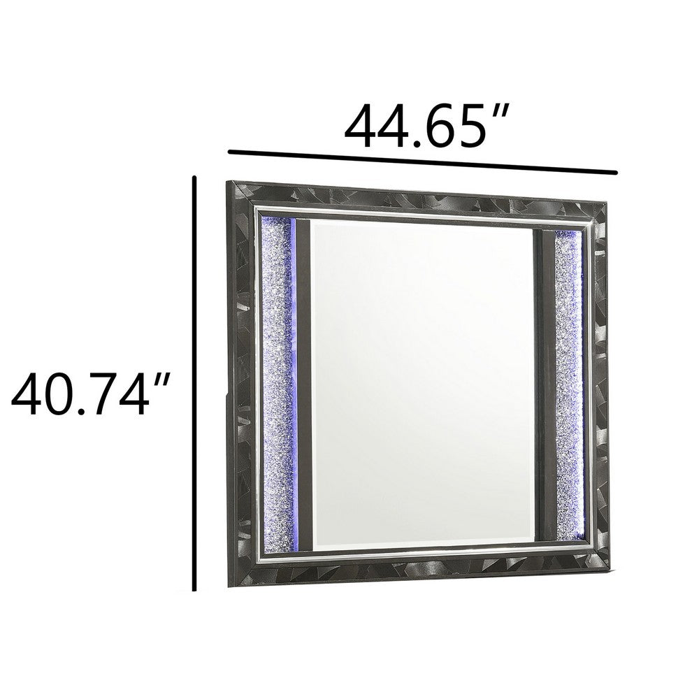 Benjara Ren Dresser Mirror, 45 Inch, Crushed Crystal Look Black Laminate, LED