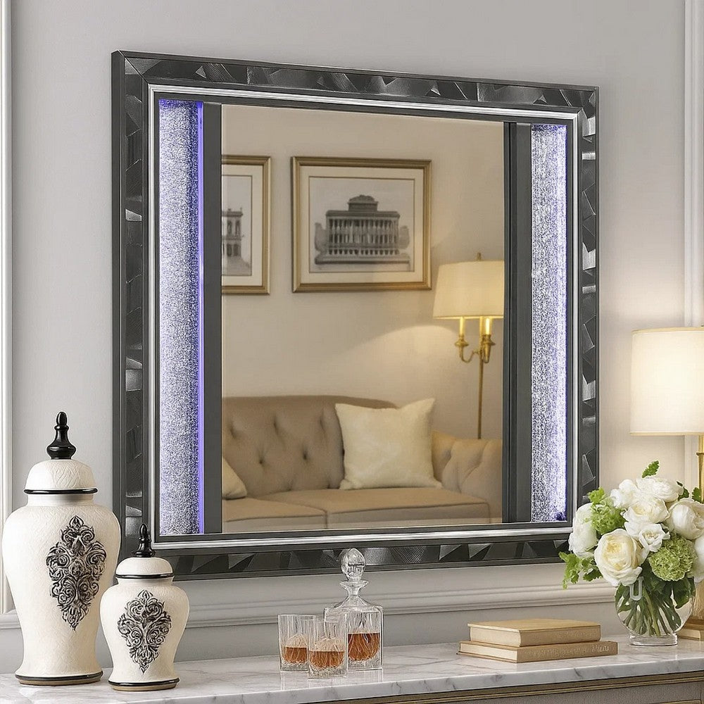 Benjara Ren Dresser Mirror, 45 Inch, Crushed Crystal Look Black Laminate, LED
