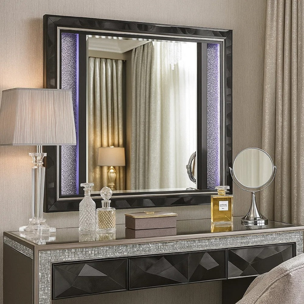 Benjara Ren Dresser Mirror, 45 Inch, Crushed Crystal Look Black Laminate, LED