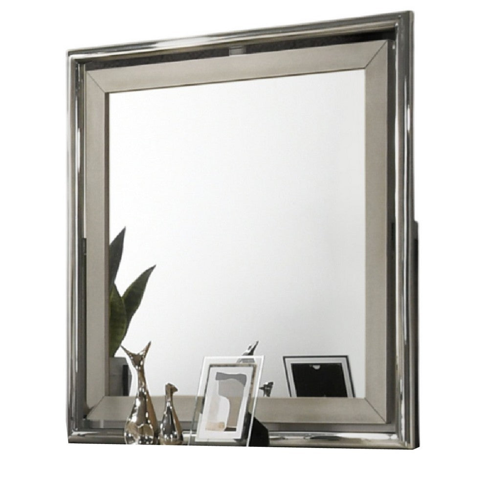 Benjara Levy Dresser Mirror, 40 Inch, Light Gray Wood Frame, Low Distortion