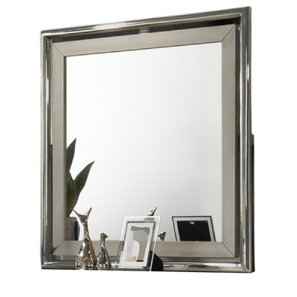 Benjara Levy Dresser Mirror, 40 Inch, Light Gray Wood Frame, Low Distortion