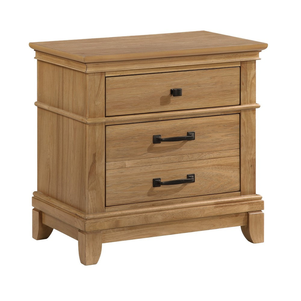 Benjara Seny Nightstand, 2 Drawers w Black Handles And 1 Knob, Honey Brown
